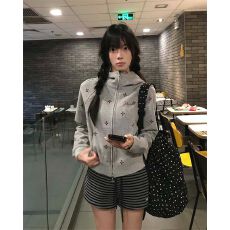 批发美式街头十字满印修身短款连帽外套<b class='q'>女</b>秋新款收腰辣妹运动开衫卫衣