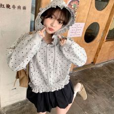 批发甜美风波点连帽<b class='q'>外套女</b>秋冬减龄木耳边抽绳收腰拉链开衫宽松短上衣