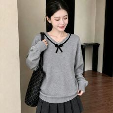 批发灰色V领蝴蝶结卫衣<b class='q'>女</b>2026春秋新款韩系慵懒宽松百搭无帽套头上衣