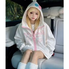 甜妹风波点纽扣大拉链开衫连帽外套女宽松款设计感秋冬季学院卫衣