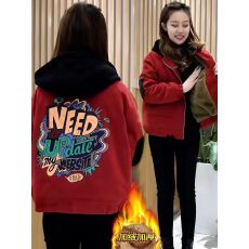 高级感炸街加绒连帽短款外套女士秋冬季新款时尚加厚派克棉服上衣