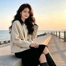 批发法式美拉德撞色<b class='q'>娃娃领</b>毛呢外套女秋冬装新款百搭气质休闲短款上衣
