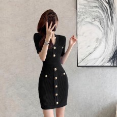 批发小香风夏季女V领短袖冰丝针织连衣裙收腰显瘦名媛气质包臀打底裙