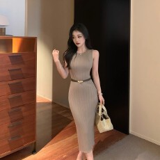批发林关关温柔韩系气质修身无袖针织背心连衣裙包臀裙子法式收腰长裙