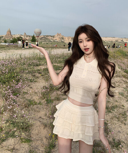 만약 언어 맞춤 열매 얼음 양조 한 무거운 작업 하트 홀로우 아웃 니트 조끼 3층 케이크 드레스 반 스커트 세트