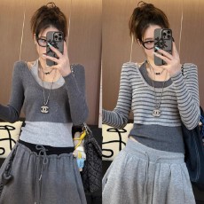 批发欧货设计感撞色条纹长袖<b class='q'>针织衫</b>女秋季叠穿挂脖吊带背心上衣<b class='q'>两件套</b>