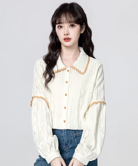 베이지 색 POLO 칼라 긴팔 여성 셔츠 봄 가을 2026 가을 새로운 디자인 센스 배색 폴로 칼라 셔츠 맨위