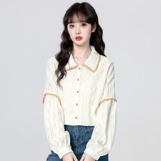 批发米白色POLO领长袖衬衫<b class='q'>女</b>春秋2026秋季新款设计感撞色翻领衬衣上衣