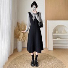 批发2025年秋冬款拼接假两件学院风Polo领黑色长袖收腰针织<b class='q'>连衣裙</b>女