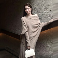 批发高级感御姐风斜肩披肩针织连衣裙子女秋冬2025新款慵懒风套装长裙