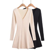 批发<b class='q'>欧美</b>风新款甜美风V领长袖针织<b class='q'>连衣裙</b>气质显瘦包臀短裙