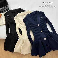 批发<b class='q'>欧洲站</b>修身显瘦下摆花苞设计感<b class='q'>连衣裙</b>收腰中长款针织开衫上衣女