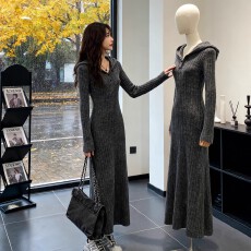 批发法式温柔风连帽长袖针织<b class='q'>连衣裙</b>女2025秋冬季修身显瘦气质毛衣长裙