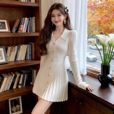 批发小香风翻领针织连衣裙女2025秋冬收腰显瘦气质轻熟简约风短<b class='q'>裙子</b>