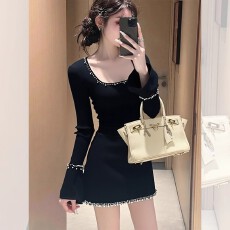 批发早<b class='q'>秋</b>温柔富家千金穿搭重要场合轻奢高级感巨好看小香风黑色连衣裙