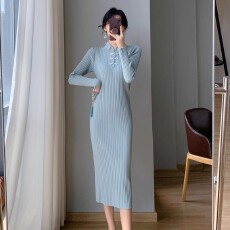 批发新中式改良旗袍裙女秋装国风<b class='q'>复古</b>盘扣长袖针织连衣裙内搭打底<b class='q'>长裙</b>