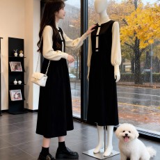 批发淑女风<b class='q'>假两件</b><b class='q'>连衣裙</b>女2025秋冬新款蝴蝶结半高领洋气减龄百搭裙子