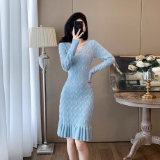 批发温柔小香风秋冬季<b class='q'>甜美</b>气质镂空针织连衣裙鱼尾包臀毛衣裙女打底裙