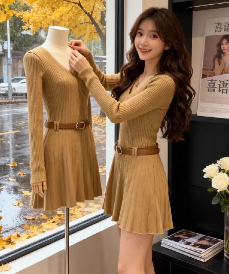 프랑스식 빛 요리 한 바람 카키 색 니트 긴 소매 여성 드레스 가을 품격 몸매 가꾸기 슬림해 보이는 허리 수축 플리츠 미니 스커트