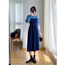 批发藏蓝色假两件拼接长袖<b class='q'>连衣裙</b>2025秋冬季穿搭新款女针织毛衣裙