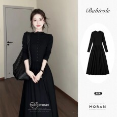 批发法式极简赫本风黑色连衣裙女长袖收腰高级感气质秋<b class='q'>冬</b>打底内搭长裙