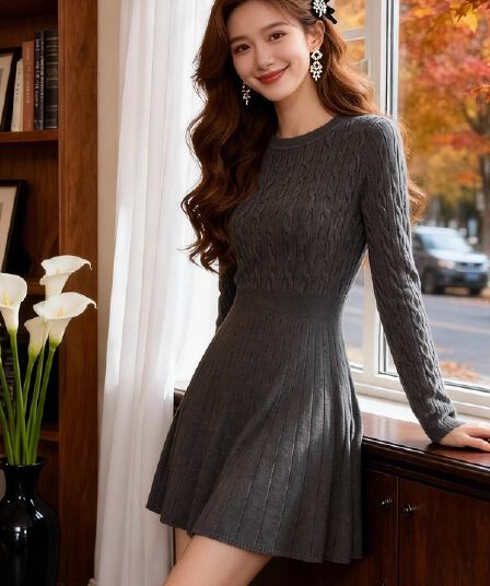 빛 요리 한 우아함 바람 회색 긴팔 니트 여성 드레스 2026 가을 겨울철 디자인 센스 허리 수축 고급 센스 치마