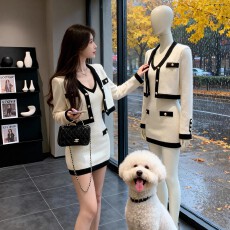 批发法式小香风针织连衣裙套装女2025<b class='q'>秋</b>冬撞色短裙开衫外套显瘦两件套