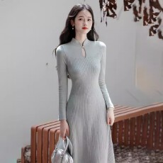 批发新中式轻国风修身显瘦针织内搭打底旗袍连衣裙气质长裙女2025秋<b class='q'>冬</b>