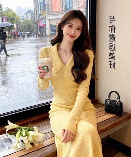 POLO 칼라 니트 여성 드레스 2026 가을 겨울철 한 부서 분위기 센스 프랑스식 빛 요리 한 품격 무릎 아래 길다 치마