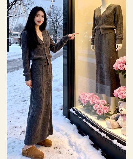 폭발 겨울 슈퍼 화재 전체 집합 빛 럭셔리 고급 센스 연령 감소 관대 한 점잖은 착용 가져 가라. 회색 니트 스웨터 세트 드레스