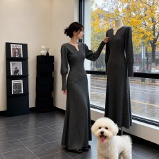 批发法式V领针织<b class='q'>连衣裙</b>女2025秋冬新款高级感收腰显瘦轻熟优雅风<b class='q'>长裙</b>