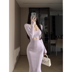 批发性感修身V领后开衩腰部纽扣可镂空针织长裙设计感拼接包臀连衣裙