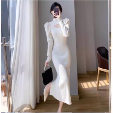 批发韩系高领泡泡袖连衣裙女士2025秋冬镂空休闲宽松显瘦包臀裙