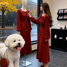 批发法式复古气质绝美红色连衣裙女装2025春秋新款珠镂空长款针织裙子