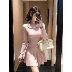 批发Q女家 进修校花/千金感粉色长袖上衣针织毛衣超好看秋<b class='q'>冬</b>裙子套装