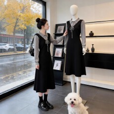 批发学院风假两件针织连衣裙女2025秋冬新款设计感翻领收腰显瘦长裙子