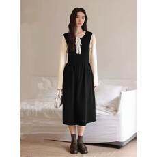 批发假两件长袖连衣裙女2025秋冬韩系巨显瘦法式黑色针织长裙