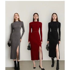 批发2025冬季气质黑色<b class='q'>连衣裙</b>毛衣裙针织<b class='q'>连衣裙</b>设计感显瘦长裙女