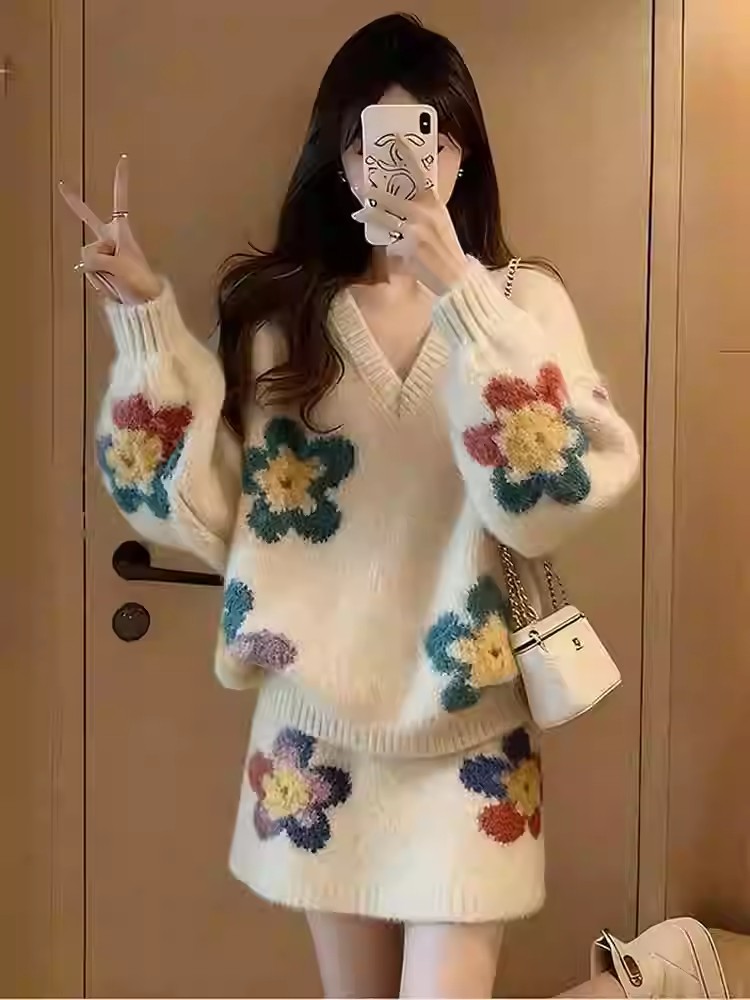 한 바람 chic 전체 집합 느긋한 느슨함 센스 부드러운 바람 V넥 니트 스웨터 미니 스커트 투피스 슈트 2025 겨울