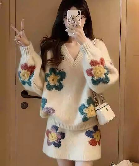 한 바람 chic 전체 집합 느긋한 느슨함 센스 부드러운 바람 V넥 니트 스웨터 미니 스커트 투피스 슈트 2026 가을