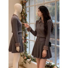 批发法式Polo领针织上衣女秋冬学院风软糯短款毛衣开衫显瘦<b class='q'>百褶</b>裙套装