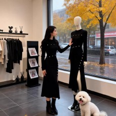 批发2025<b class='q'>冬</b>季气质黑色连衣裙毛衣裙针织连衣裙设计感显瘦长裙女