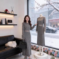 批发极简风针织两件套女2025秋冬<b class='q'>新款</b>高级感洋气收腰显瘦法式长裙套装