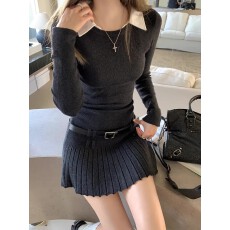 批发设计感假两件灰色针织连衣裙女<b class='q'>秋</b>冬修身内搭A字裙百褶裙辣妹短裙