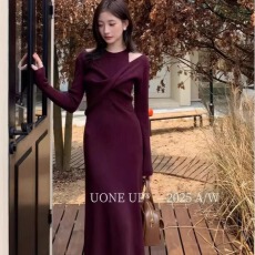 批发法式复古优雅气质千金<b class='q'>假两件</b>露肩扭结坑条针织连衣裙修身显瘦长裙