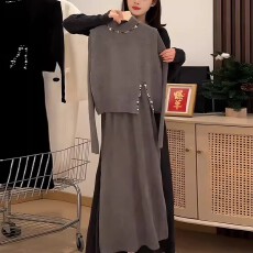 批发设计感钉珠两件套装中长款针织连衣裙女秋冬季新款韩版<b class='q'>显瘦</b>打底裙