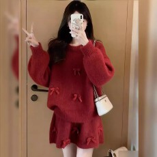 批发韩系一整套深冬穿搭毛衣套装女2026新款重工蝴蝶结针织短裙两件套