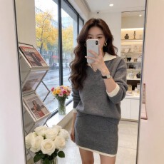 批发撞色polo领针织套装裙女2026春季新款高级感宽松洋气赫本风两件套