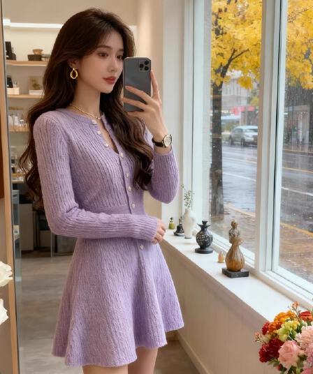 부드러운 바람 보라색 V넥 니트 여성 드레스 2026 봄 가을 새로운 디자인 센스 허리 수축 한 마디 미니 스커트 작은 키