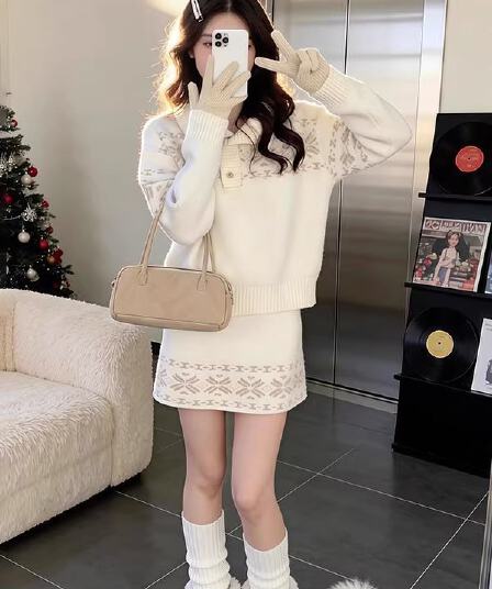 작은 대중 착용 가져 가라. 전체 집합 학원 스타일 배색 자카드 공정한 섬 스웨터 여자 코디 분위기 센스 니트 반신 스커트
